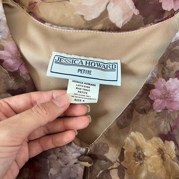 Jessica Howard Petite Floral Chiffon Midi Dress Brown Purple Overlay 90s‎ Mom - Picture 8 of 13